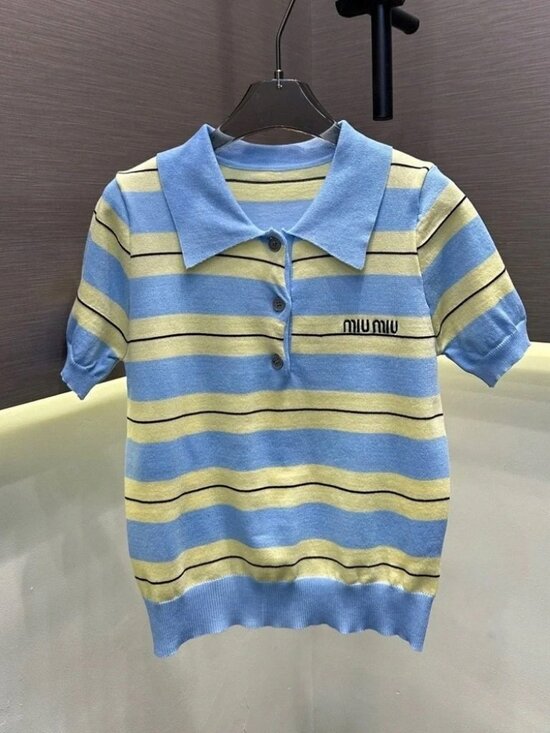 Miu Miu Tops - Miu Miu Blue and Yellow Short-Sleeve Polo Shirt